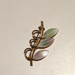 Vintage Mother of Pearl Gold Toned Leaf Brooch Pin